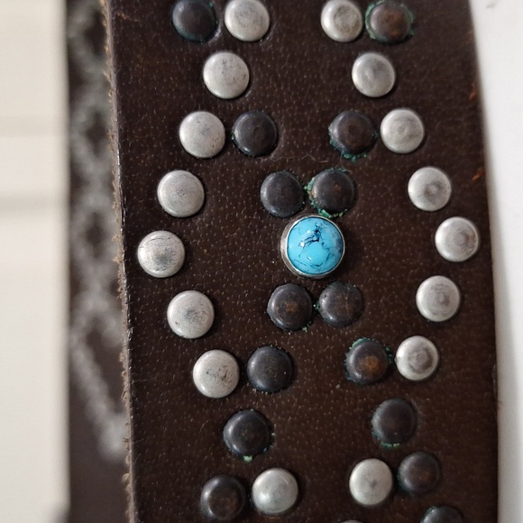Leather studded belt turquoise silver brown - square buckle - Picture 3 of 5